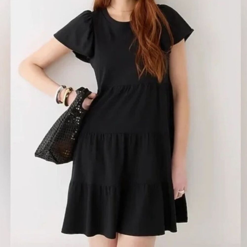 J.Crew Knit Broken In Jersey Tiered Mini Dress Short Sleeve Black Flutter Slv L
